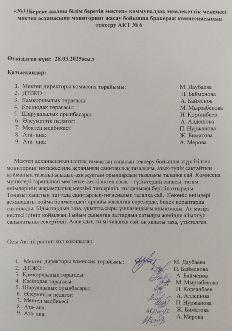 Мектеп асханасын бракираж комиссиясының тексеру