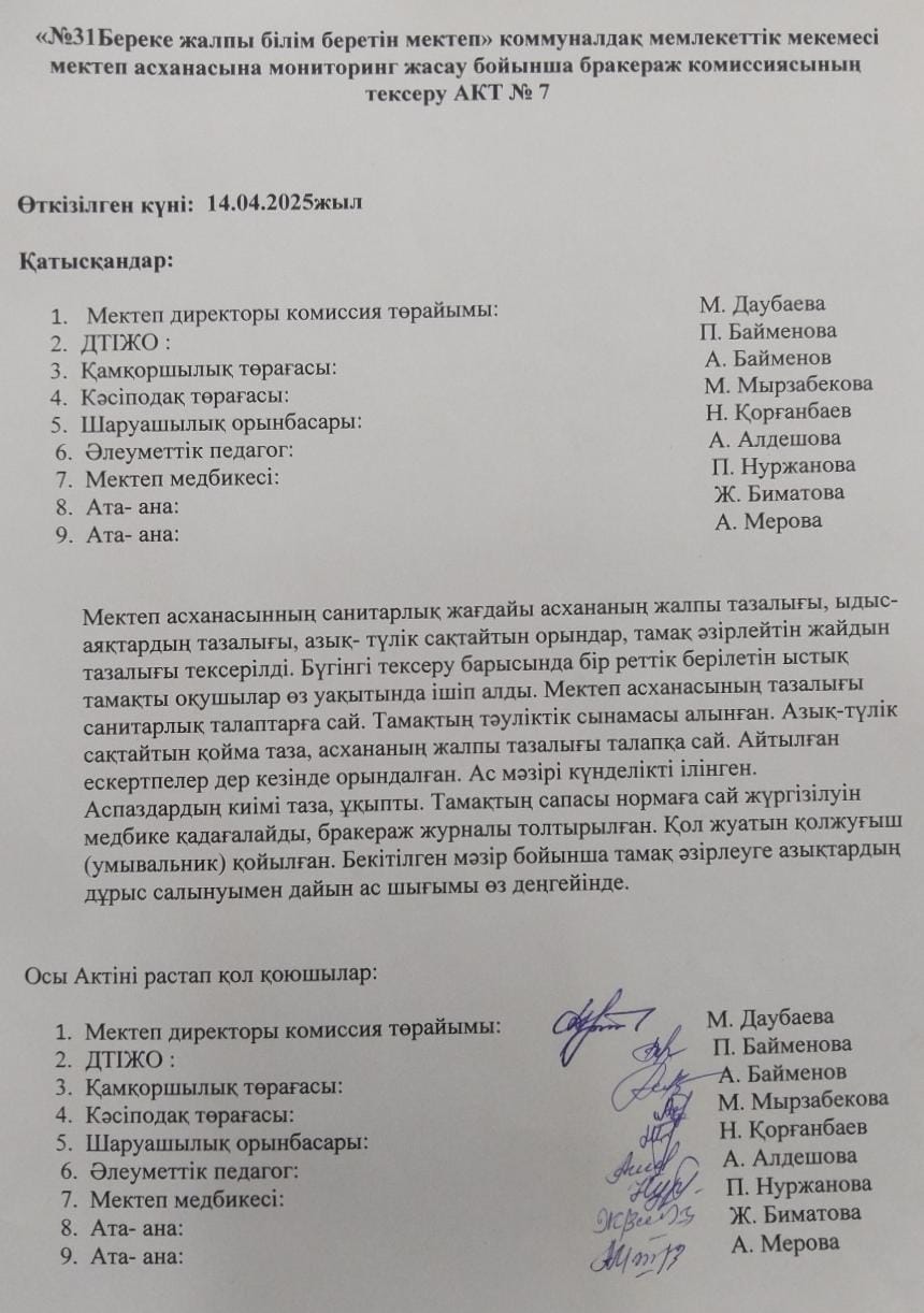 Мектеп асханасын бракираж комиссиясының тексеру