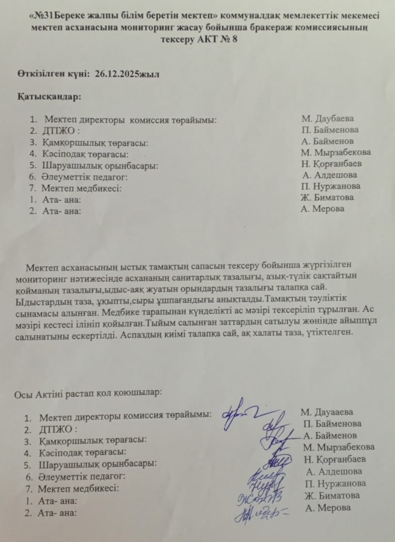 Мектеп асханасын бракераж комиссиясының тексеру